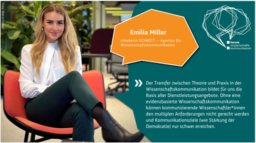 Eine junge Frau mit langen blonden Haaren sitzt in einem modernen Büro auf einem roten Stuhl und lächelt in die Kamera. Sie trägt eine weiße Bluse und dunkelgrüne Hosen. Auf der rechten Seite des Bildes befindet sich eine orangefarbene Sprechblase mit dem