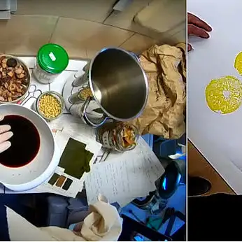 Eine Collage aus zwei Bildern. Man sieht, wie Personen mit Töpfen und Materialien arbeiten, um Stoffe zu färben.