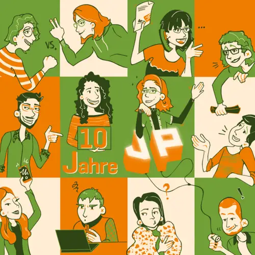 Eine Grafik. In der Mitte sind in zwölf Kacheln gezeichnete Personen in Grün-, Orange- und Weißtönen zu sehen. In der Mitte steht außerdem "10 Jahre JP". Links und rechts ist jeweils ein schwarzer Balken, auf dem in weißer, vertikaler Schrift "2020" bzw.