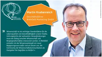 Eine Zitatkarte. Rechts ein Foto von Martin Knabenreich, Geschäftsführer Bielfeld Marketing GmbH. Links ein Zitat von Knabenreich.