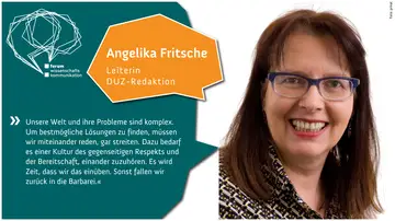 Eine Zitatkarte. Rechts ein Foto voN Angelika Fritsche, Leiterin DUZ-Redaktion. Rechts ein Zitat von Fritsche.