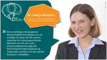 Eine Zitatkarte. Rechts ein Foto von Dr. Svenja Niescken, stellvertretende Geschäftsführerin Informationsdienst Wissenschaft e.V. Links eiN Zitat von Niescken.