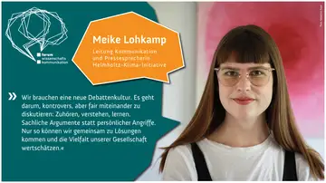 Eine Zitatkarte. Rechts ein Foto von Meike Lohkamp, Leitung Kommunikation und Pressesprecherin Helmholtz-Klima-Initiative. Links ein Zitat von Lohkamp.