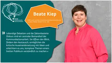 Eine Zitatkarte. Rechts ein Foto von Beate Kiep, CEO und Leitung Unternehmenskommunikation Landau Media GmbH & Co. KG. Links ein Zitat von Beate Kiep.