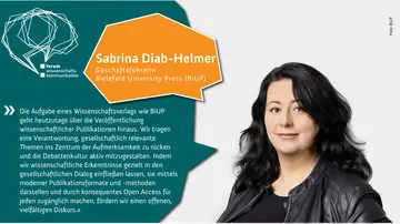 Eine Zitatkarte. Rechts ein Foto von Sabrina Diab-Helmer, Geschäftsführerin Bielefeld University Press (BiUP). Links ein Zitat von Diab-Helmer.