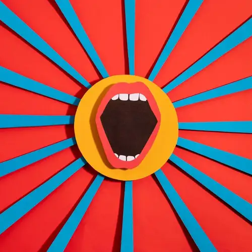Eine Illustration. In der Mitte ein geöffneter Mund, der aussieht als ob er schreit. Darum ein orangefarbener Kreis. Um den Kreis herum rote und blaue Linien, die nach außen an den Bildrand gehen.