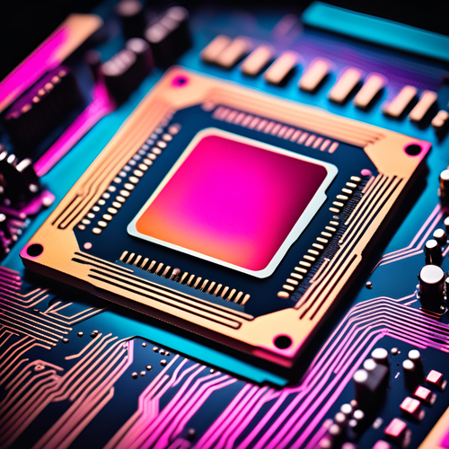 KI-generiertes Bild einer Macroaufnahme von Arbeitsspeicher, überstilisiert und bunt im Stile von retrowave