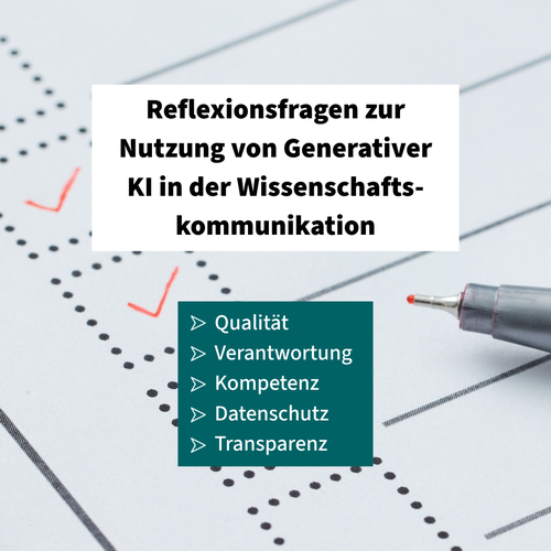 Bild einer Checkliste und eines Stiftes. Davor der Text "Reflexionsfragen zur Nutzung von Generativer KI in der Wissenschaftskommunikation" und die Aufzählung "Qualität, Verantwortung, Kompetenz, Datenschutz, Transparenz"