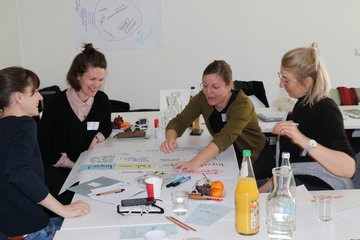 Eine Gruppe aus vier weiblich gelesenen Personen sitzt mit lachenden Gesichtern und aktiven Gestikulationen um ein von ihnen gestaltetes Plakat.