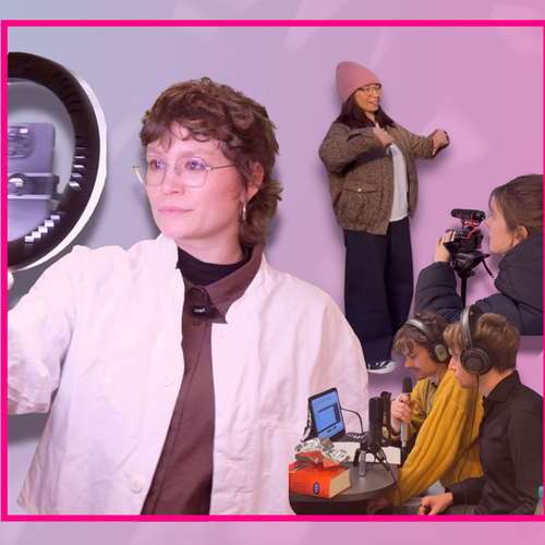 Fast Forward Science 2026 Science Creators gesucht Jetzt bewerben und bis zu 2.000 Euro gewinnen! Bild: Collage von Person mit Ringlicht, bei mobile Reporting und in Podcaststudio.