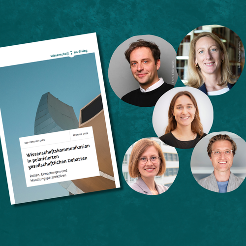 WiD-Perspektiven Wissenschaftskommunikation in polarisierten gesellschaftlichen Debatten. Rollen, Erwartungen und Handlungsperspektiven. Dienstag, 14. April 2026 von 13 bis 14 Uhr. Portraitfotos von fünf Speaker*innen und Abbildung der Broschüre