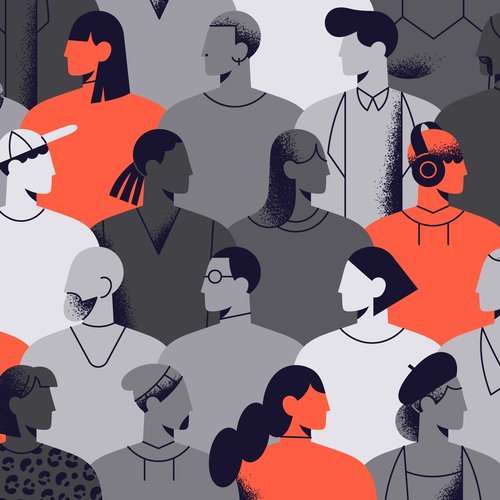 Das Bild ist voll mit Silhouetten verschiedener Menschen. Manche sind eher weiblich, manche eher männlich, manche tragen Schmuck oder Kopfbedeckung, manche haben Bart, auch die Frisuren sind vielfältig. Farblich ist das Bild grau-orange.