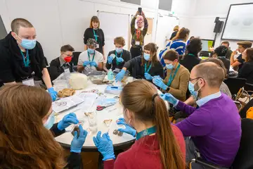 Personen sitzen um einen Tisch herum und experimentieren gemeinsam. Die Teilnehmenden tragen blaue Masken und blaue Handschuhe.