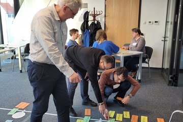Workshop-Stimmung: Im Vordergrund platzieren drei mittelalte Männer eine Art Brainstorming-Mind-Map aus verschiedenfarbigen Textkarten. Im Hintergrund sitzen drei weitere Personen an einem Tisch und unterhalten sich.