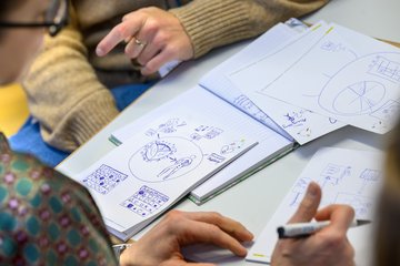 Notizen auf Block, Hände von 2 Personen