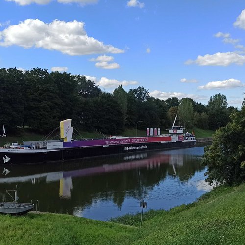 MS Wissenschaft liegt auf Fluss inmitten von Natur