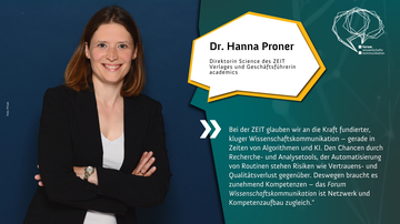 Dr. Hanna Proner, Direktorin Science des ZEIT Verlages und Geschäftsführerin academics. Text: Bei der ZEIT glauben wir an die Kraft fundierter, kluger Wissenschaftskommunikation – gerade in Zeiten von Algorithmen und KI...