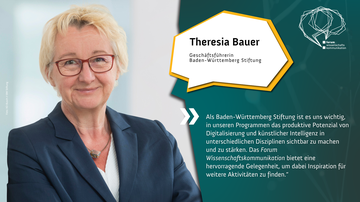 Theresia Bauer, Geschäftsführerin der Baden-Württemberg Stiftung. Text: Als Baden-Württemberg Stiftung ist es uns wichtig, in unseren Programmen das produktive Potenzial von Digitalisierung und künstlicher Intelligenz in unterschiedlichen Disziplinen...