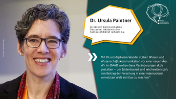 Dr. Ursula Paintner, Direktorin Kommunikation des DAAD. Text: Mit KI und digitalem Wandel stehen Wissen und Wissenschaftskommunikation vor einer neuen Ära. Wir im DAAD wollen diese Veränderungen aktiv gestalten...