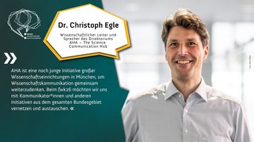 Foto von Dr. Christoph Egle, Wissenschaftlicher Leiter und Sprecher des Direktoriums AHA – The Science Communication Hub. Christoph Egle hat hellbraune Locken, trägt ein helles Hemd und lächelt in die Kamera. Zitat: “AHA ist eine noch junge Initiative gro