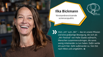 Foto von Ilka Bickmann, Vorstandsvorsitzende von science2public. Sie hat lange braune Haare und trägt eine Brille in den Haaren. Sie lacht herzlich. Zitat: „Vom „Ich“ zum „Wir“ – das ist die Mission von science2public. Mit dem „Wir-Festival“ von Halle (Sa