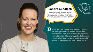 Ein Foto von Sandra Gundlach mit mittellangen braunen Haaren. Sie lächelt, trägt goldene Creolen und trägt einen beigen Cardigan. Sandra Gundlach, Referatsleiterin Wissenschaftskommunikation; Wissenschaftsjahre (BMFTR). Zitat von ihr: “Es ist wichtiger de