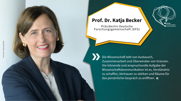 Nahaufnahme von Prof. Dr. Katja Becker, Präsidentin der Deutschen Forschungsgemeinschaft (DFG). Sie trägt einen dunklen Blazer, einen braunen Bob-Schnitt und üppige Creolen und lächelt freundlich in die Kamera. Ihr Zitat: „Die Wissenschaft lebt von Austau